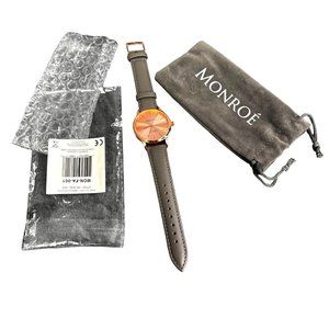 Monroe Classique Watch Sunburst Solerose Rose Gold Gray Leather Band NIP